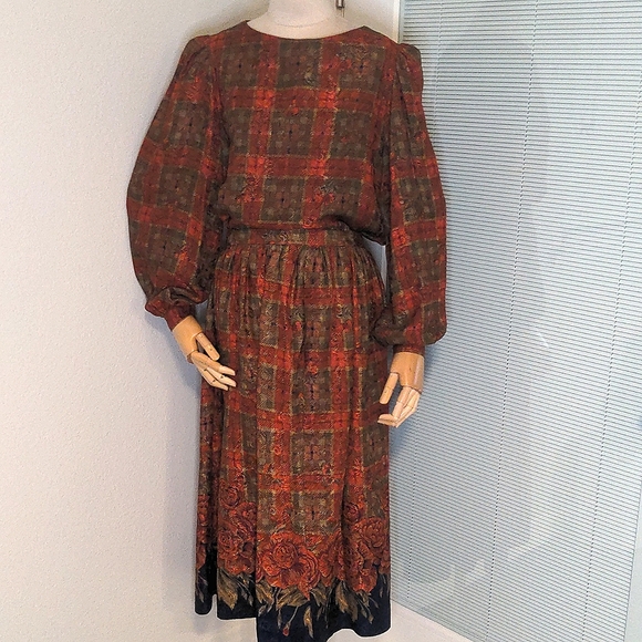 Oscar de la Renta 70s Autumn Silk 2pc Skirt Set Plaid Over Floral Thanksgiving - Picture 1 of 10